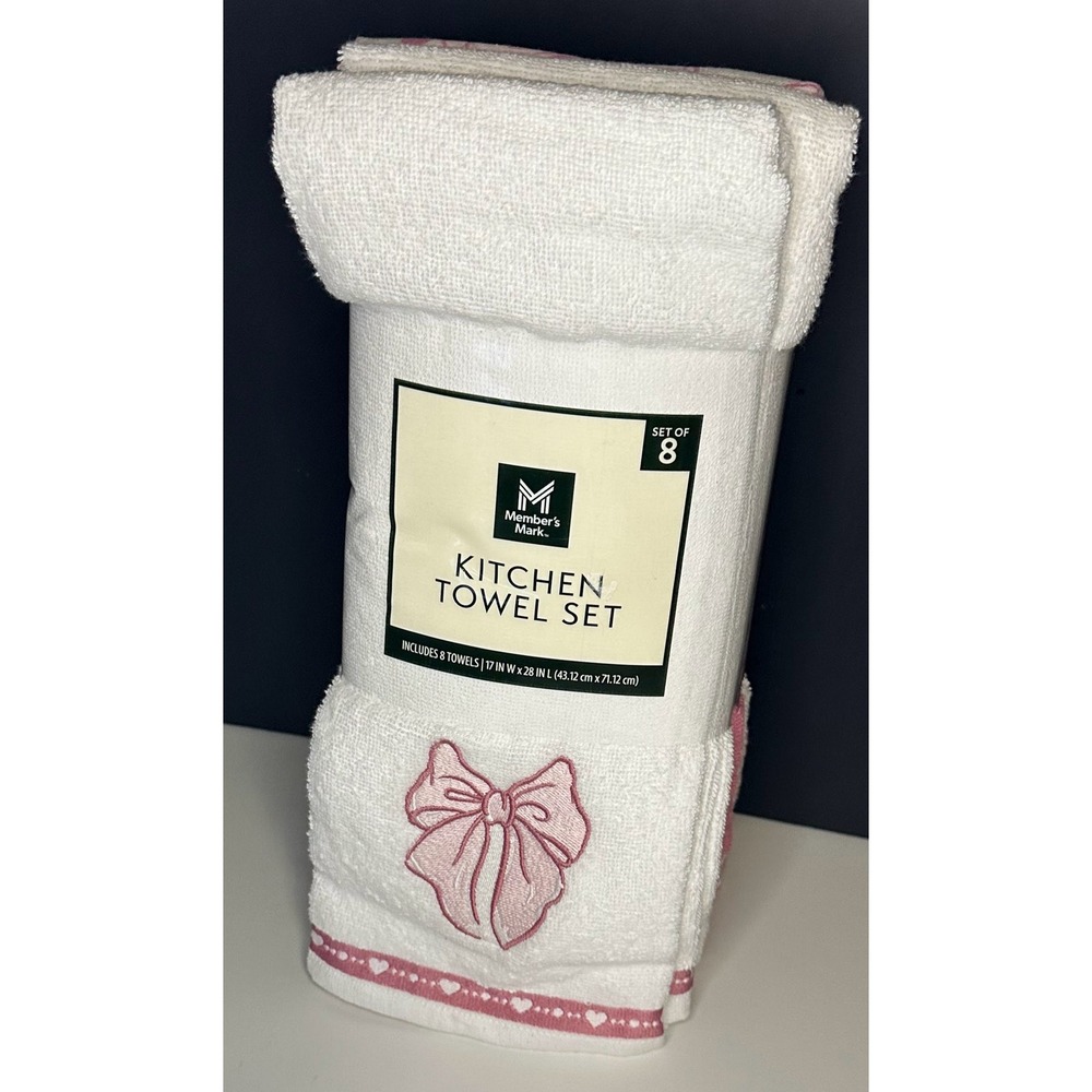Member's Mark Kitchen Towel Set  OS White Pink NEW Valentine Bow Heart Striped‎
